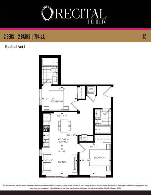 A floor plan for a 2 bedroom, 2 bathroom apartment.